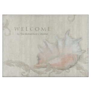 Kitchen Hostess Gift Beach Seashells Conch w Wood Cutting Board
