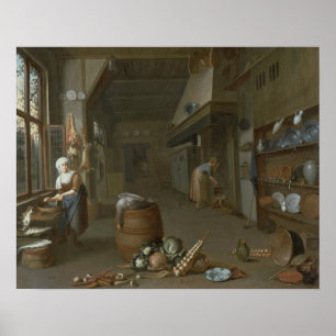 Kitchen interior with two maids preparing food poster