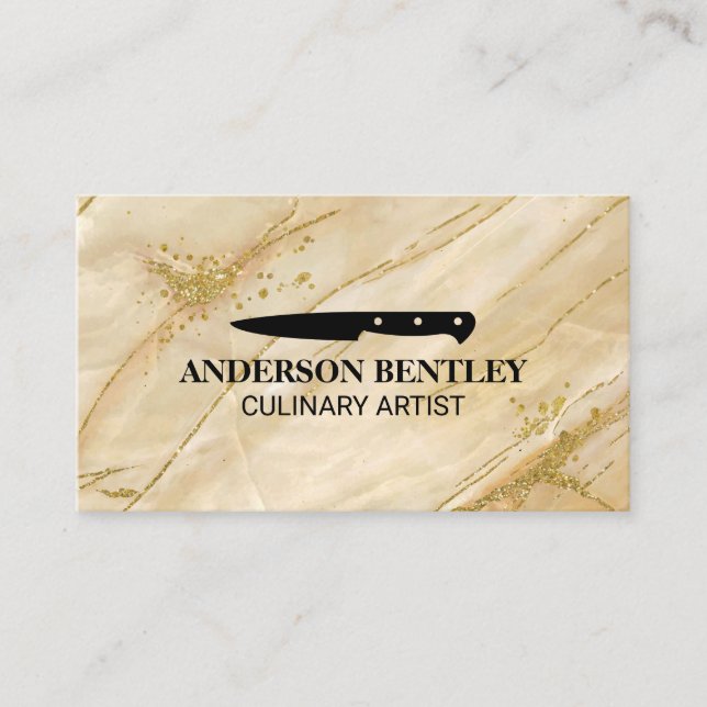 Kitchen Knife | Golden Marble Background Business Card (Front)
