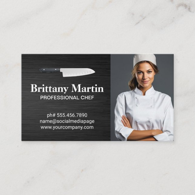Kitchen Knife Logo | Female Chef Smiling Business Card (Front)