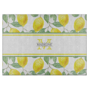 Kitchen Lemons and Leaves   Custom Monogram Cutting Board