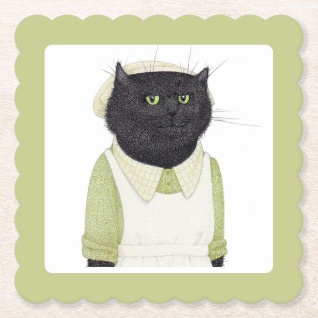 KITCHEN MAID CAT Scalloped Square Paper Coasters  (Front)