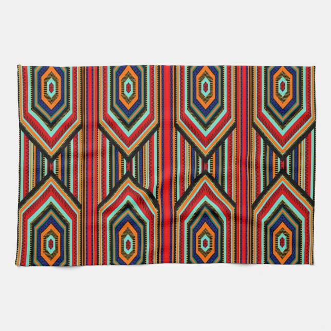 Kitchen Mexican Red Teal Blue Orange Black Inca Tea Towel (Horizontal)
