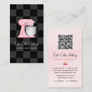 Kitchen Mixer Blush Pink Black Chequered QR Code Business Card