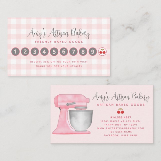 Kitchen Mixer Blush Pink Gingham Plaid Bakery Chef Loyalty Card (Front/Back)