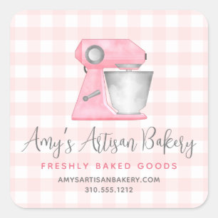 Kitchen Mixer Blush Pink Gingham Plaid Bakery Chef Square Sticker