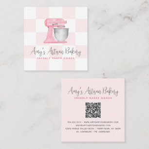 Kitchen Mixer Blush Pink QR Code Chequered Bakery Square Business Card