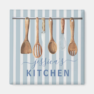 Kitchen Monogram Recipes Utensils Modern Blue Magnet