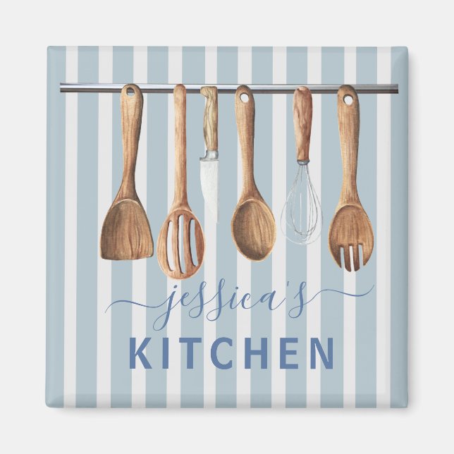 Kitchen Monogram Recipes Utensils Modern Blue Magnet (Front)