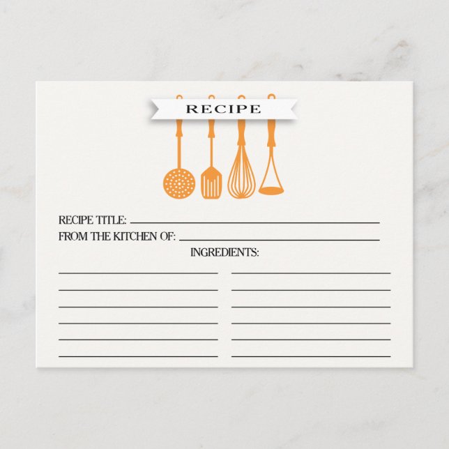 Kitchen Orange Utensils Bridal Shower Recipe Cards (Front)