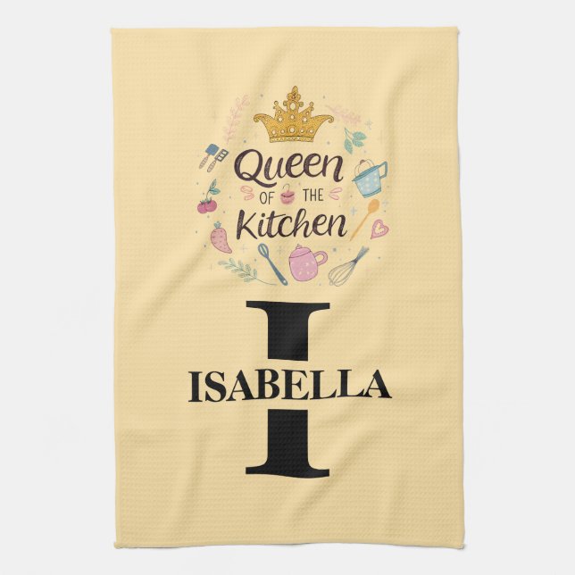 Kitchen Queen Name Monogram Design Tea Towel (Vertical)