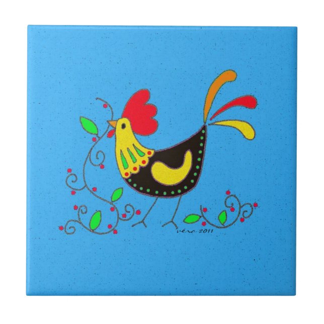 Kitchen Rooster Ukrainian Folk Art Tile (Front)