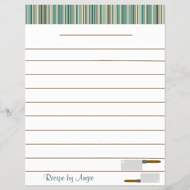 Kitchen Stripes Aqua Recipe Paper - With Lines (Front)