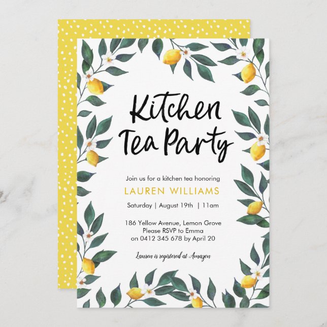 Kitchen Tea Party invitation Lemon tree leaves (Front/Back)