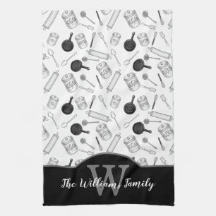 Kitchen Tools Pattern Monogram - Black   White Tea Towel