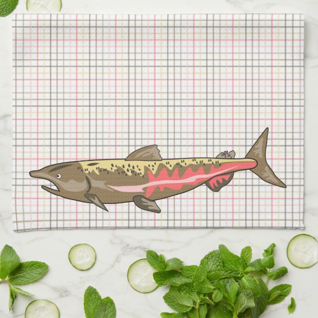 Kitchen Towel - Chinook Salmon on Plaid (Folded)