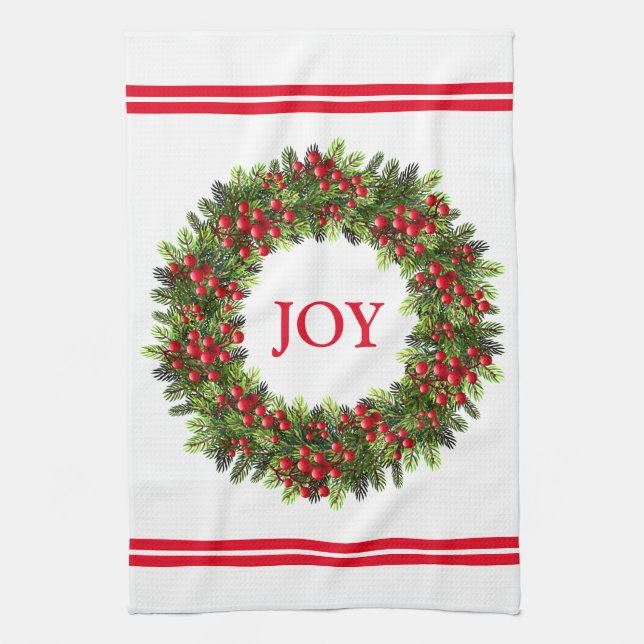 Kitchen Towel-Christmas Berry Wreath Tea Towel (Vertical)