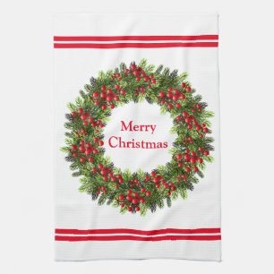Kitchen Towel-Christmas Berry Wreath Tea Towel