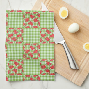 Kitchen Towel: Cute Red Dragons on Green Gingham Tea Towel