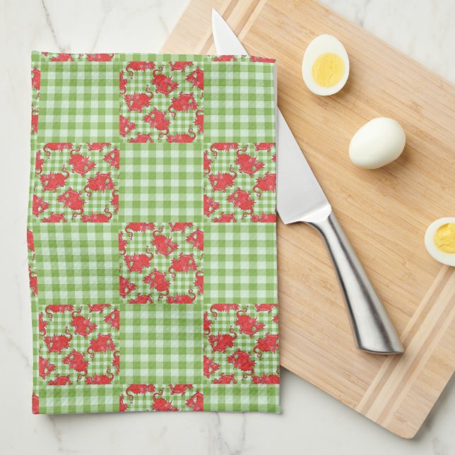 Kitchen Towel: Cute Red Dragons on Green Gingham Tea Towel (Quarter Fold)