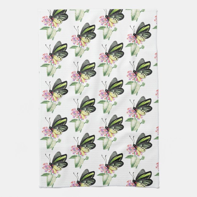 Kitchen Towel Green Birdwing Butterfly Print (Vertical)