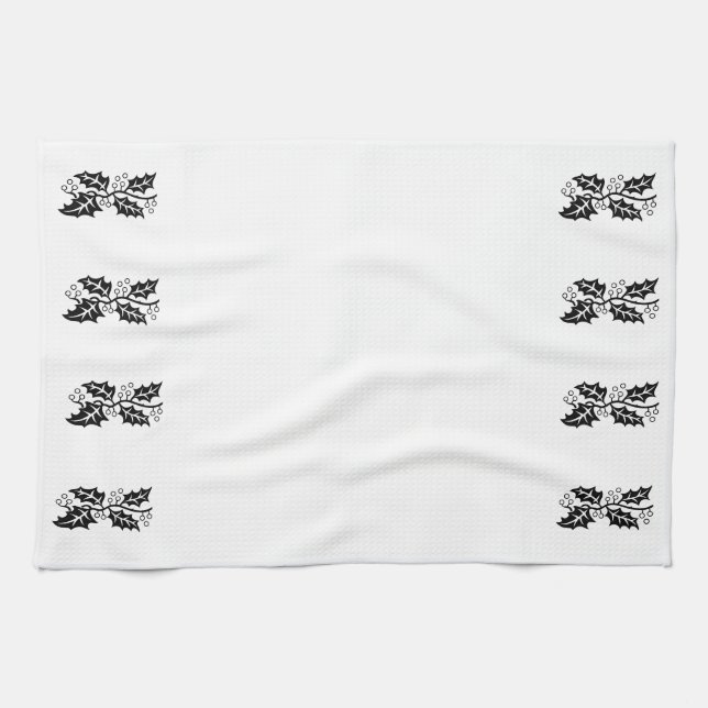 Kitchen Towel - Holly Leaves in Black and White (Horizontal)