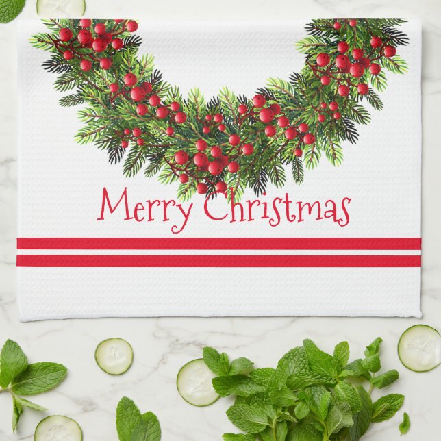 Kitchen Towel-Merry Christmas Berry Wreath Tea Towel (Folded)