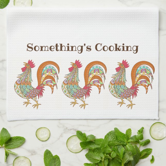 Kitchen Towel-Rooster Something's Cooking Tea Towel (Folded)