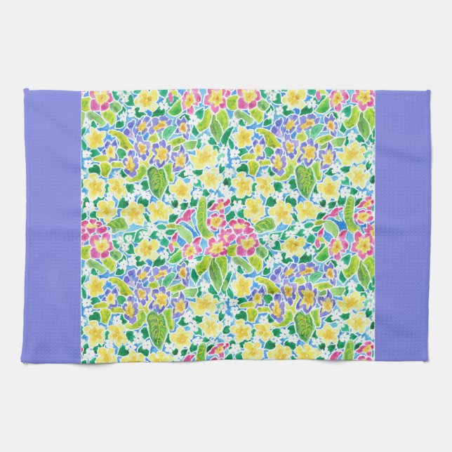 Kitchen Towel, Spring Primroses, Powder Blue Tea Towel (Horizontal)