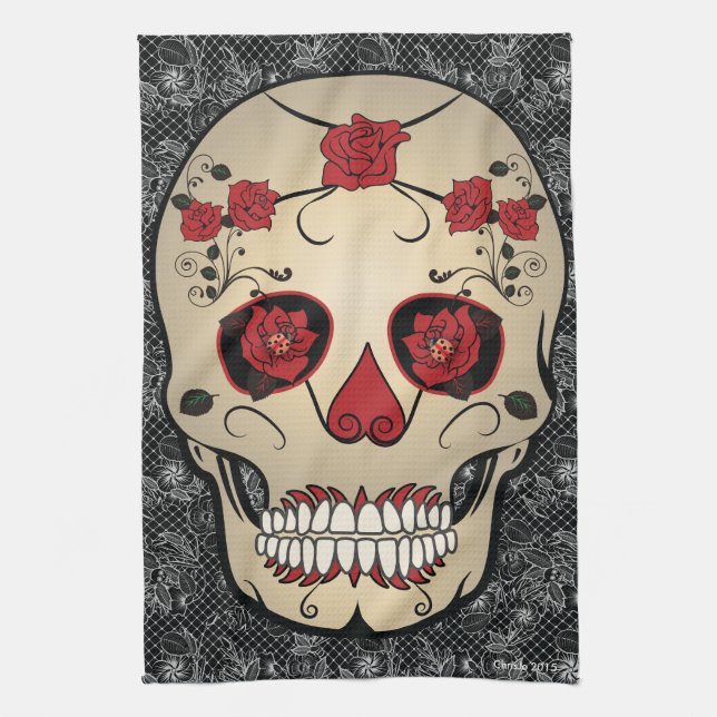 Kitchen Towel Sugar Skull Day of the Dead Art (Vertical)