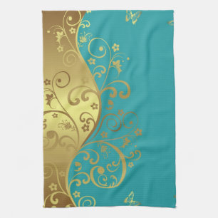 Kitchen Towel--Teal & Gold Swirls Tea Towel