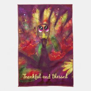 Kitchen Towel Thankful Blessed Whimsical Turkey