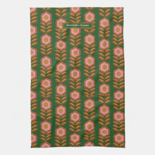 Kitchen towel, Vintage florals pink green pattern Tea Towel