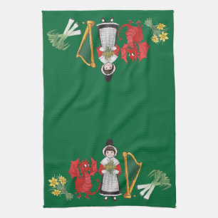 Kitchen Towel: Welsh, Daffodils, Dragon Leeks Harp Tea Towel