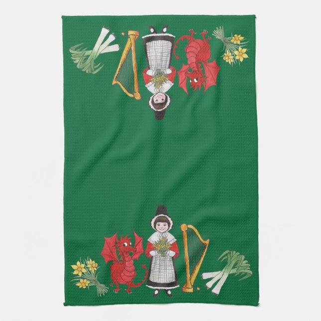 Kitchen Towel: Welsh, Daffodils, Dragon Leeks Harp Tea Towel (Vertical)
