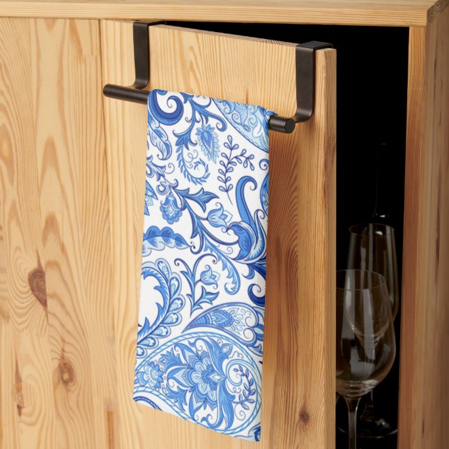 Kitchen Towel With Blue White Paisley Art Pattern (Thirds Fold)