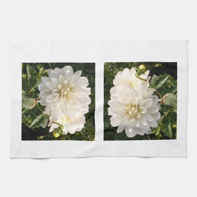 Kitchen towel with two elegant white dahlias (Horizontal)