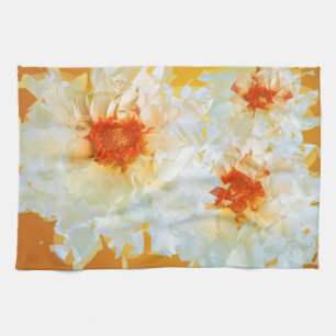 Kitchen Towels Flowers White Orange Cubist
