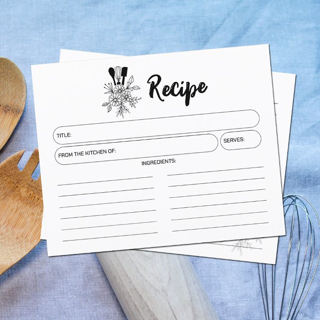 Kitchen Utensils and Flowers, Simple Recipe Card (Creator Uploaded)