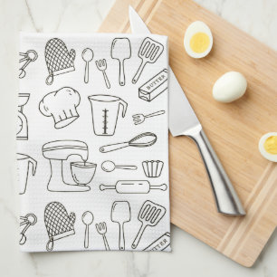 Kitchen Utensils Black and White Doodle Pattern Tea Towel