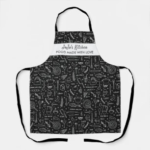 Kitchen Utensils Food Pattern Custom Name Black Apron