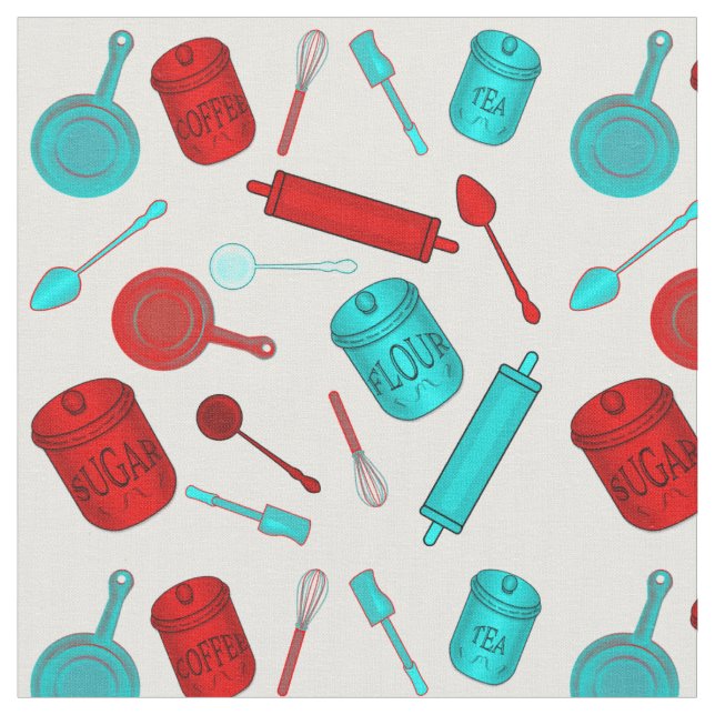 Kitchen Utensils Pattern - Red and Aqua on White Fabric (Close Up)