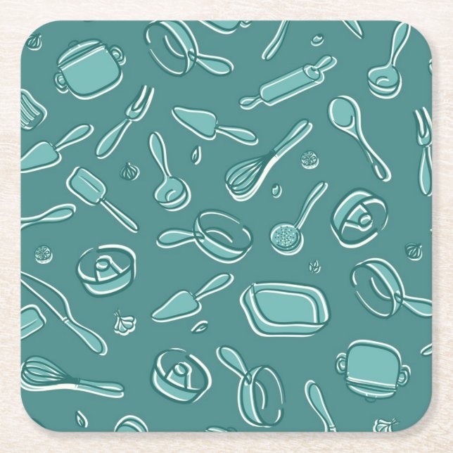 Kitchen Utensils Pattern Square Paper Coaster (Front)