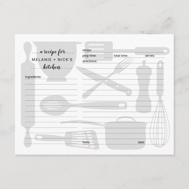 Kitchen utensils recipe cards, neutral grey postcard (Front)