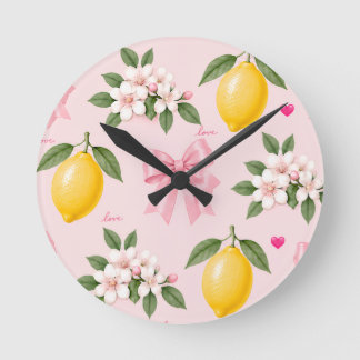 Kitchen Wall Clock Lemons Pink Bow Decor