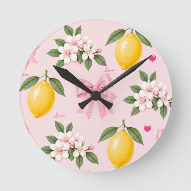 Kitchen Wall Clock Lemons Pink Bow Decor (Front)