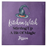 Kitchen Witch Purple Monogrammed Halloween Ceramic Tile<br><div class="desc">Fun purple Halloween themed Kitchen Witch Stirring Up A Bit of Magic Halloween decoration. Monogram with first or last names. Fun way to decorate during the fall season. Great decorative accessory for the month of October.</div>