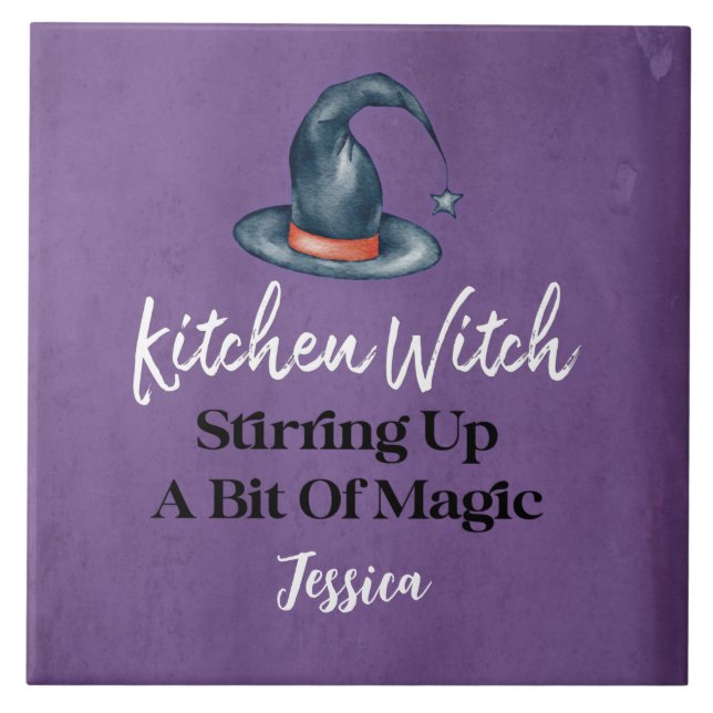 Kitchen Witch Purple Monogrammed Halloween Ceramic Tile (Front)