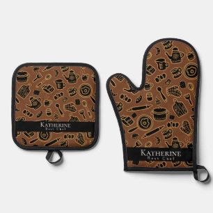 Kitchenware Black Brown Oven Mitt & Pot Holder Set