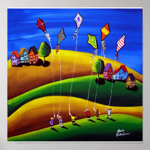 Kite Fliers Folk Art Whimsical Canvas Print